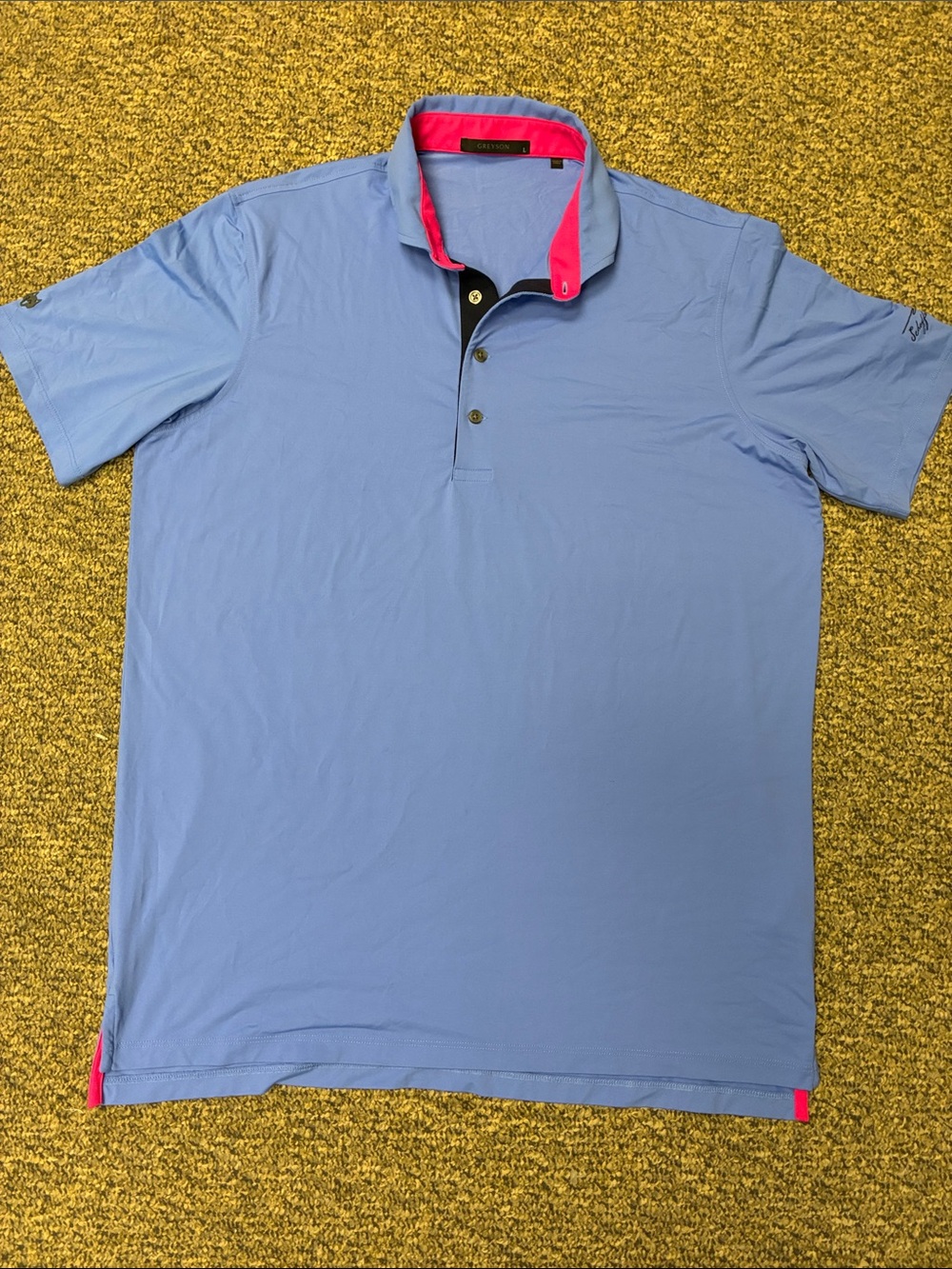 Greyson Men’s Light Blue Polo with Pink Contrast Collar